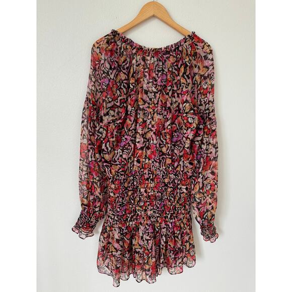 Misa Celina Red Fire Flora Sheer Long Sleeve Smocked Mini Dress NEW Medium - Picture 14 of 14